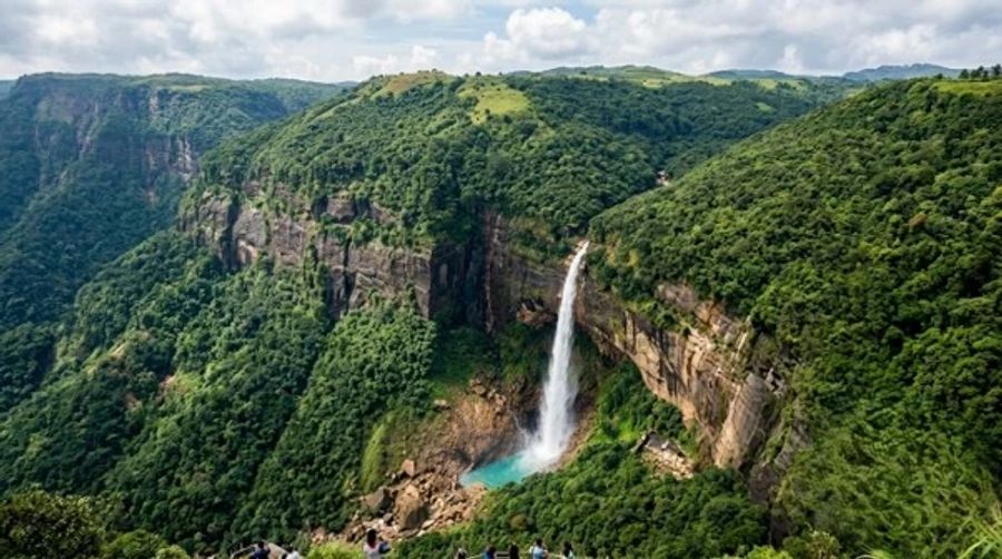 Panoramic view of Nohkalikai Falls in Cherrapunji, Meghalaya, India's tallest plunge waterfall.