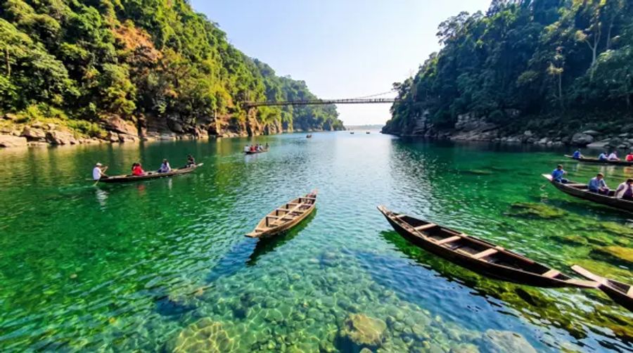 Crystal-clear Umngot River in Dawki, Meghalaya with traditional boats floating on transparent water.