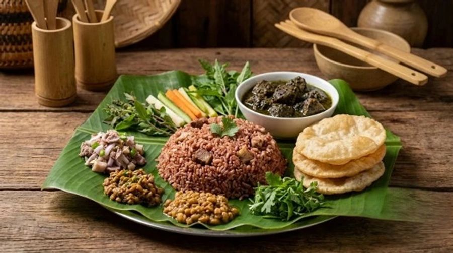 Traditional Khasi cuisine in Meghalaya featuring Jadoh, local pork dishes, vegetables, and authentic regional food.