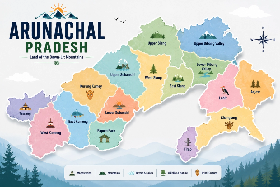 Illustrated tourist map of Arunachal Pradesh showing all districts with landmarks, mountains, rivers, wildlife, and major travel regions.