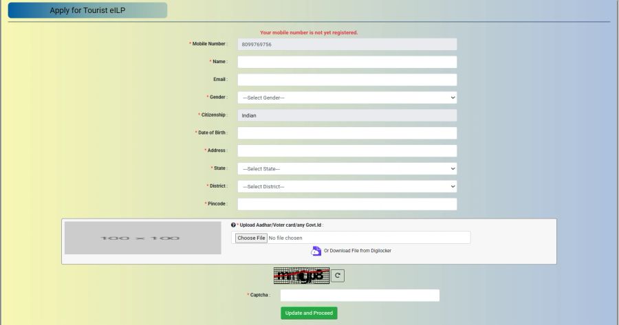 Arunachal Pradesh Tourist eILP application form with personal details and Aadhaar or voter ID upload
