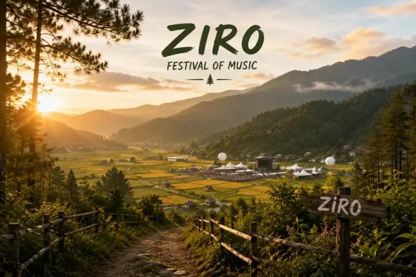 Panoramic view of Ziro Festival of Music in Ziro Valley, Arunachal Pradesh during sunset
