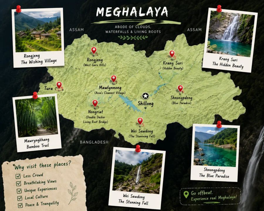 Illustrated travel map of Meghalaya highlighting hidden gems including Krang Suri Falls, Shnongpdeng, Nongriat, Mawlynnong, Wei Sawdong Falls, Mawryngkhang Bamboo Trail, Rongjeng, and Shillong with pinned photos and destination markers.