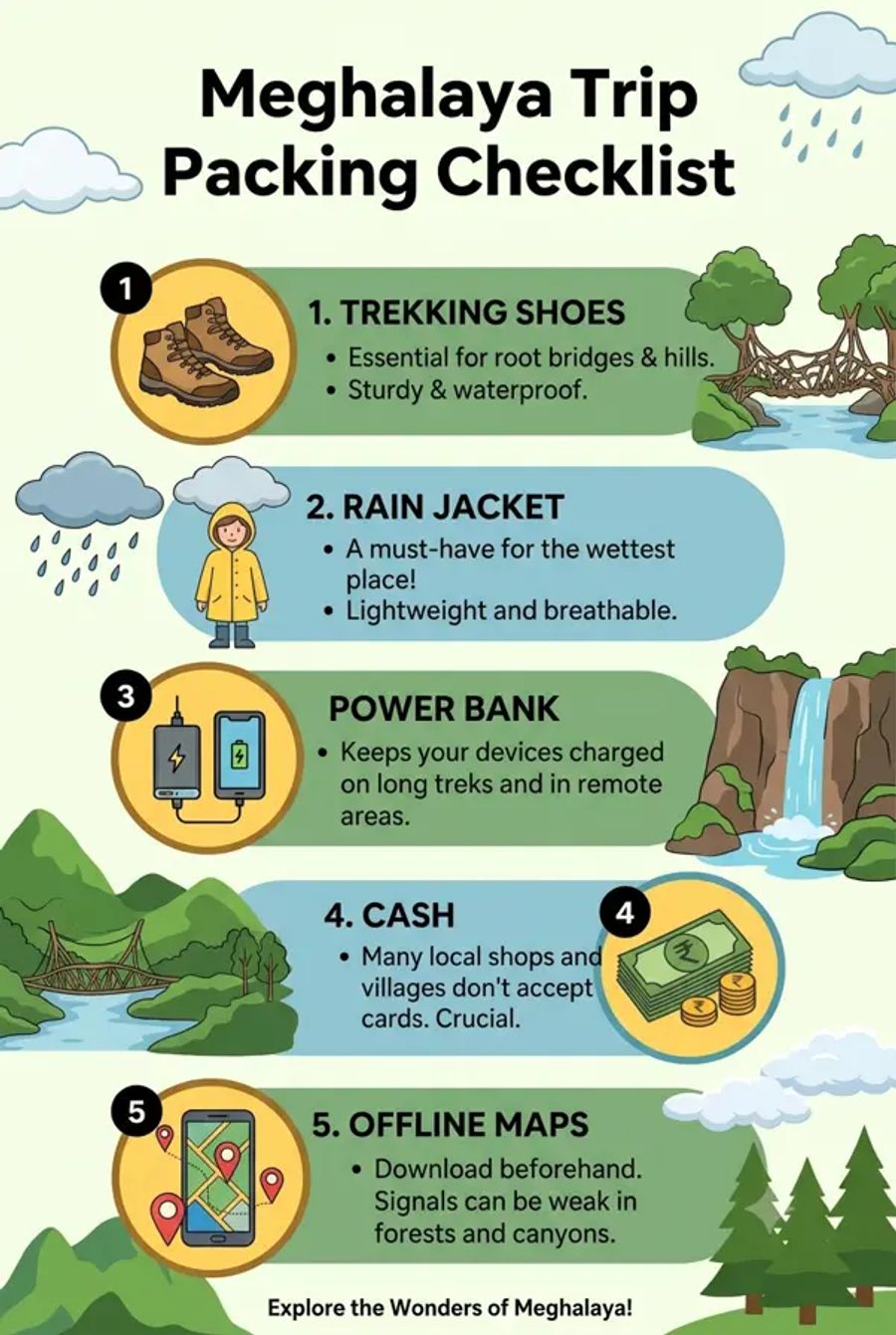 Meghalaya trip packing checklist featuring trekking shoes, rain jacket, power bank, cash, and offline maps.