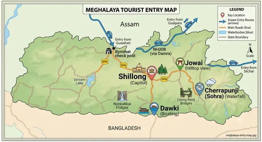Map of Meghalaya showing major tourist entry routes, Byrnihat checkpoint, Shillong, Cherrapunji, Dawki, Jowai, and key travel destinations.