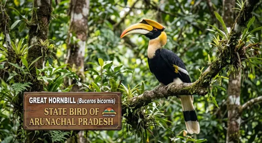 A Great Hornbill (Buceros bicornis) with a distinct yellow casque perched on a mossy tree branch in a dense tropical forest in Arunachal Pradesh.