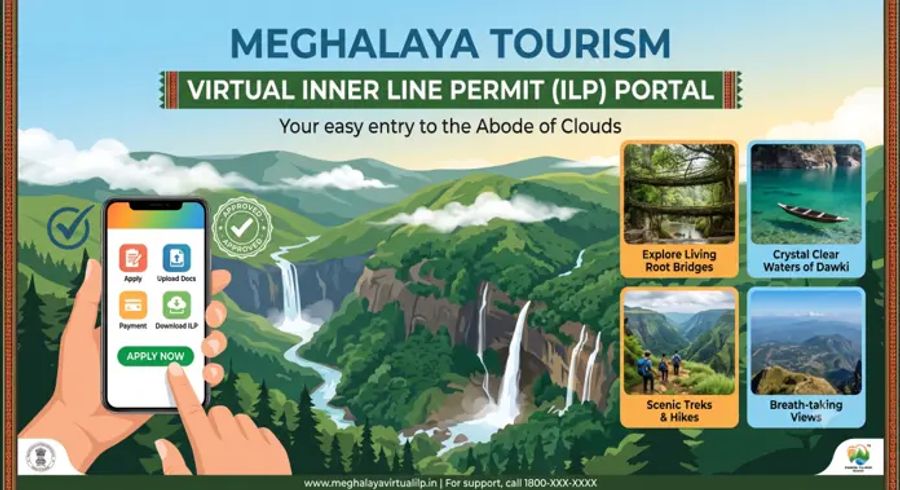 Meghalaya Virtual Inner Line Permit (ILP) portal showing the new digital tourist registration system and popular attractions in Meghalaya.