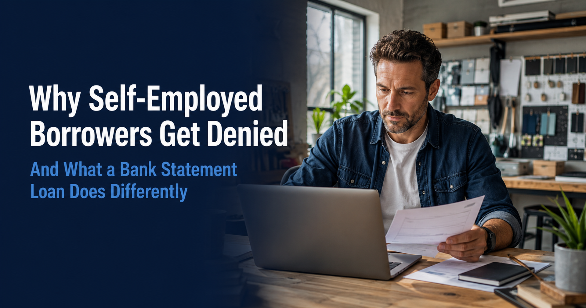 Self-employed business owner reviewing income documentation while exploring bank statement loan options