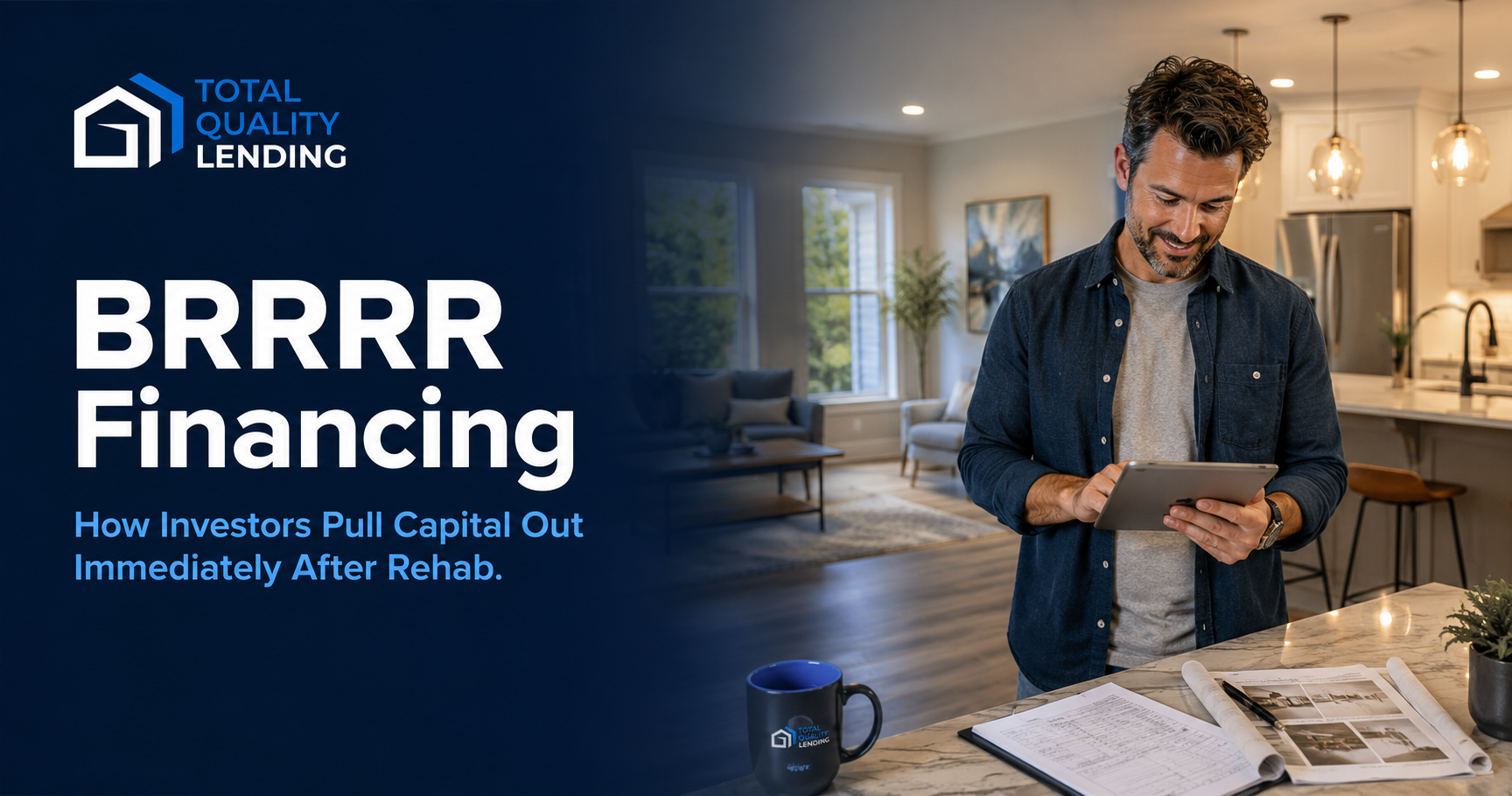 Real estate investor reviewing financing documents inside a newly renovated BRRRR investment property