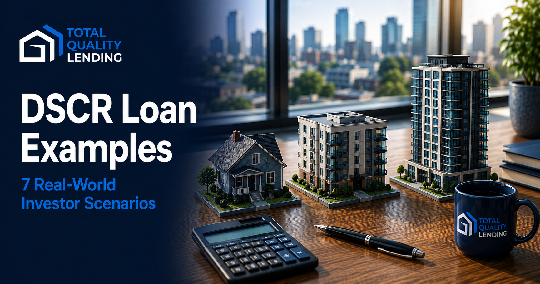 Total Quality Lending DSCR loan examples featuring single-family, multifamily, and condo investment properties across seven real-world investor scenarios.