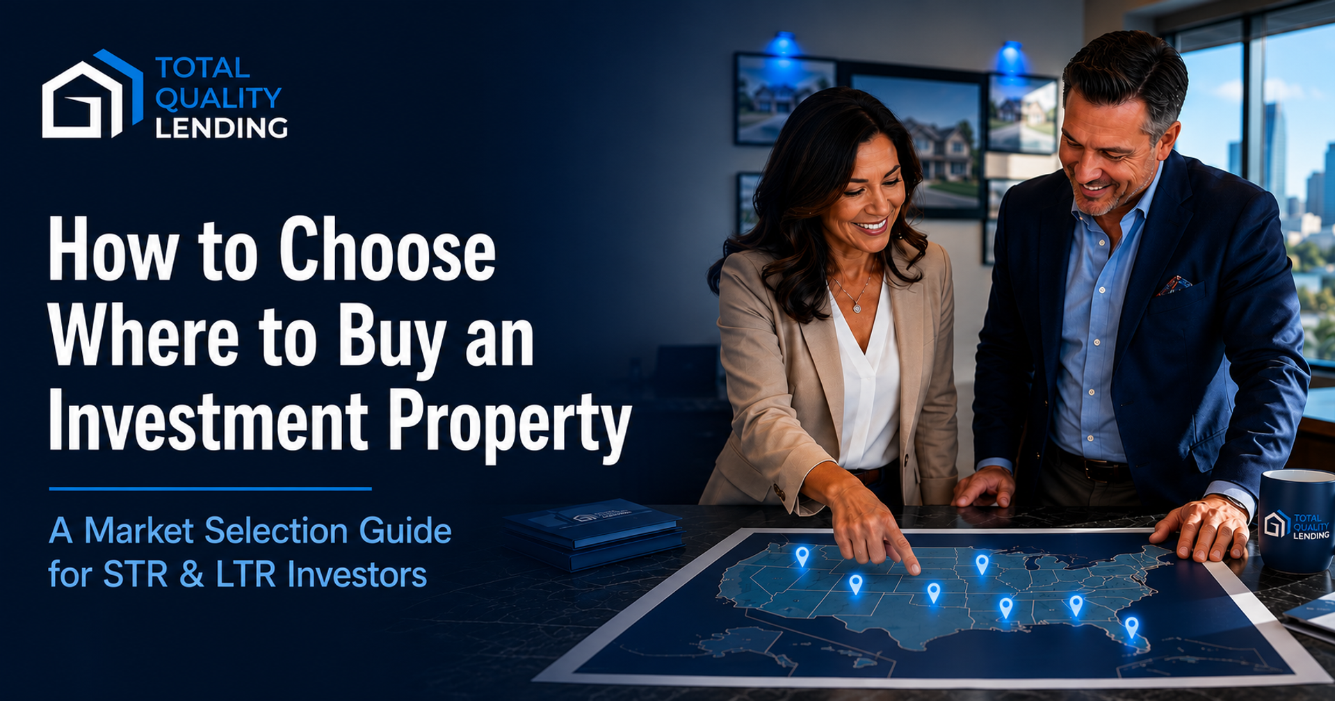 Real estate investor and mortgage advisor at Total Quality Lending reviewing a U.S. map with location pins to choose the best market for an investment property