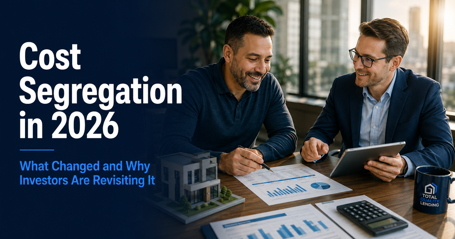 Cost Segregation in 2026 blog header showing a real estate investor and financial advisor reviewing a property depreciation schedule and tablet in a modern office with Total Quality Lending branding.
