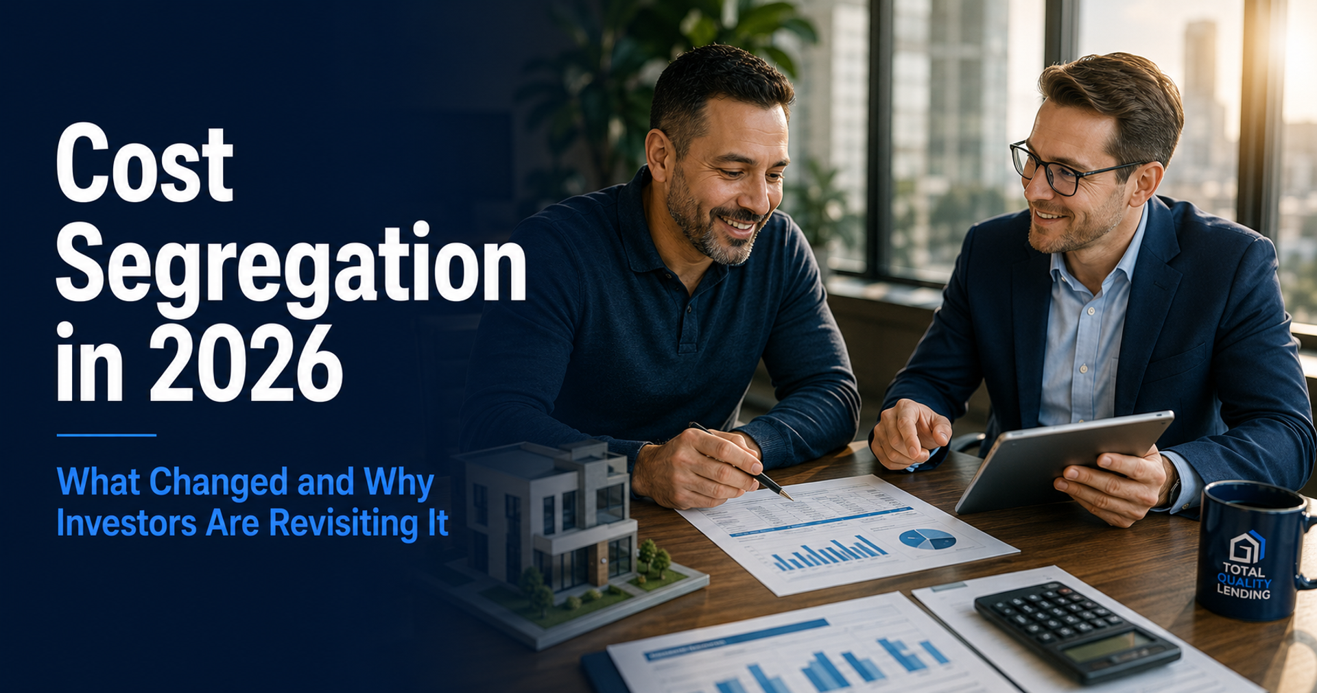 Cost Segregation in 2026 blog header showing a real estate investor and financial advisor reviewing a property depreciation schedule and tablet in a modern office with Total Quality Lending branding.