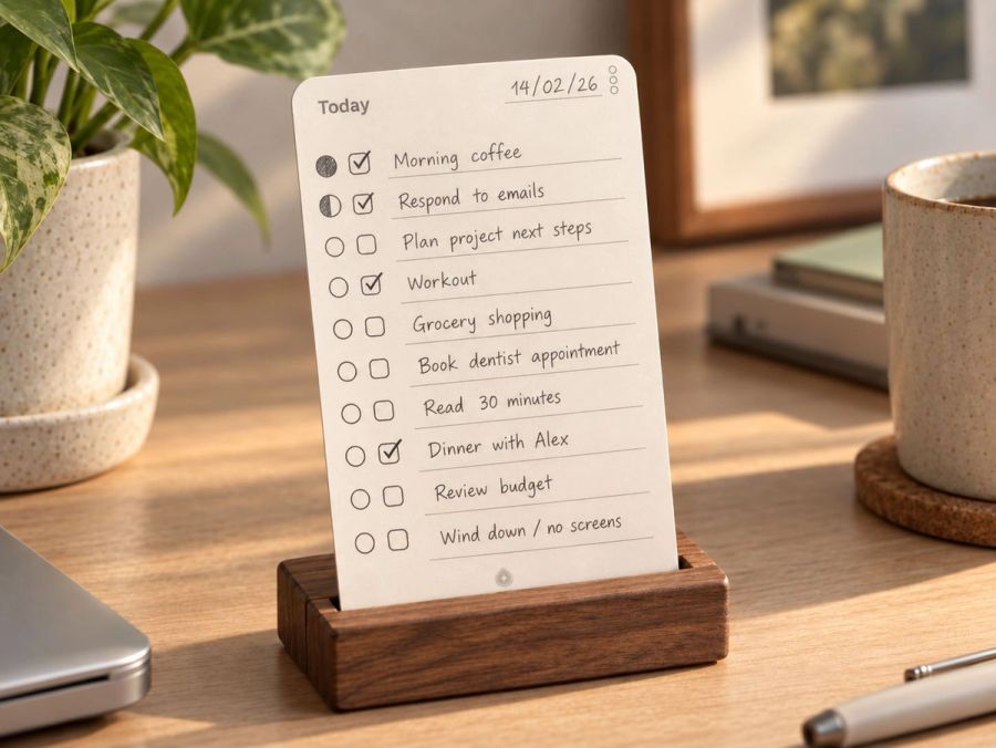 Productivity to-do card with handwritten tasks standing in a wooden holder on a desk