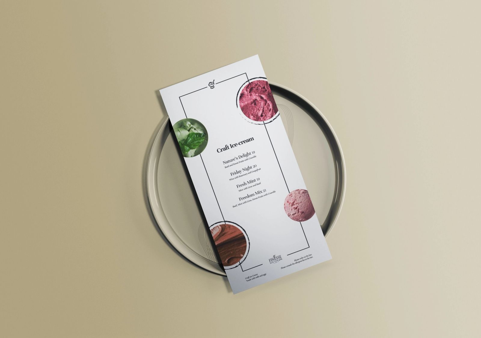 Finesse menu card on a plate, showing the craft ice cream range