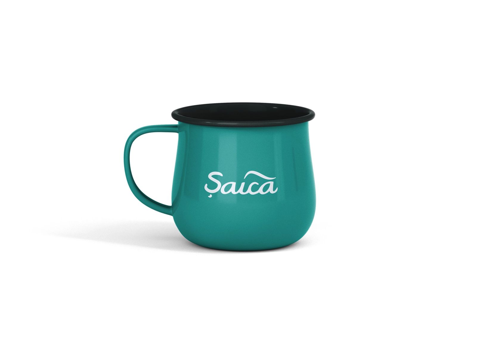 Saica Hut enamel mug carrying the Saica wordmark