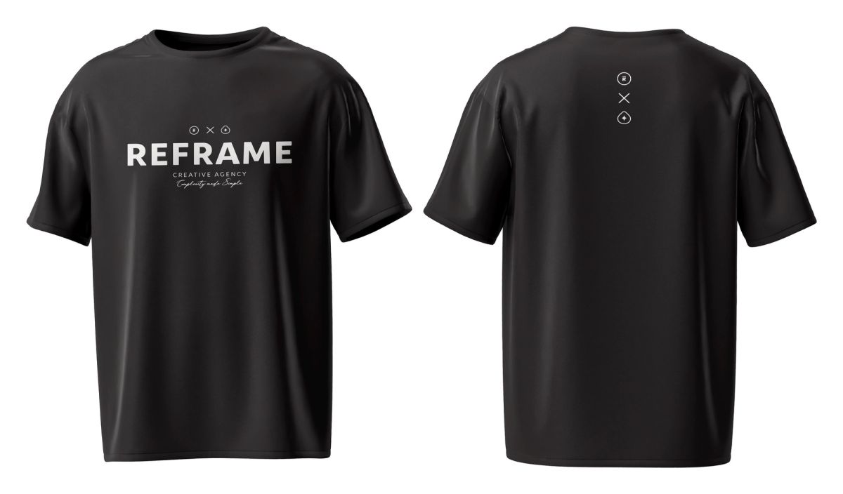 Black oversized Nord × Reframe tee, front and back: the Reframe wordmark on the chest and both marks down the back