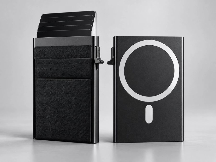 Black metal card wallet with cards pushed out, next to its MagSafe back