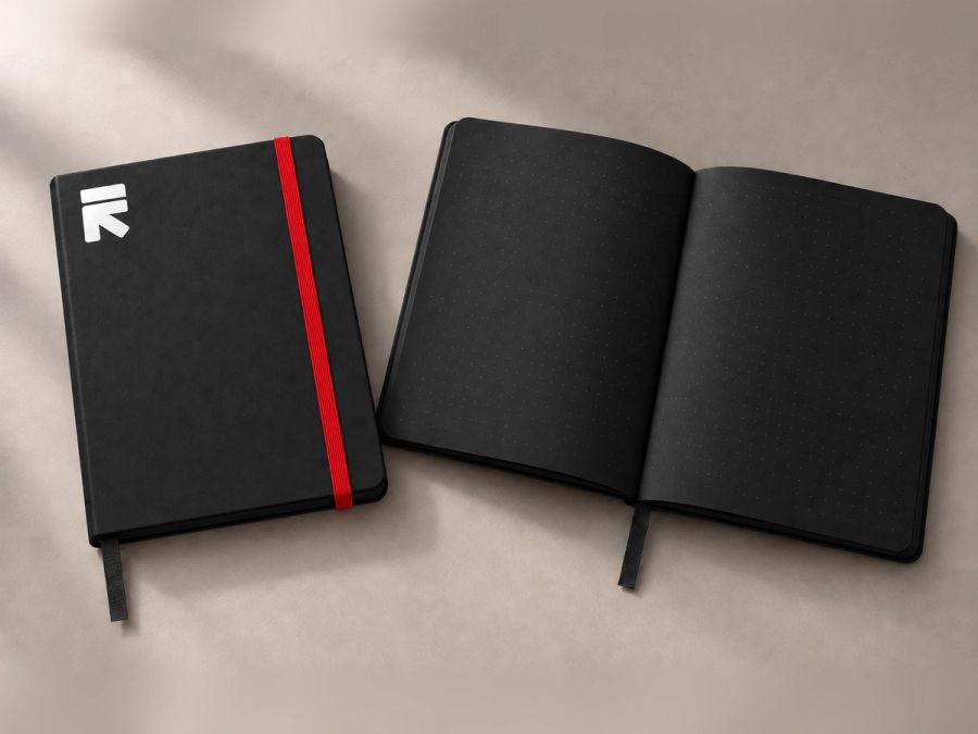 Black Obsidian sketchbook with the Reframe mark and a red elastic band, beside an open copy showing black dot-grid pages
