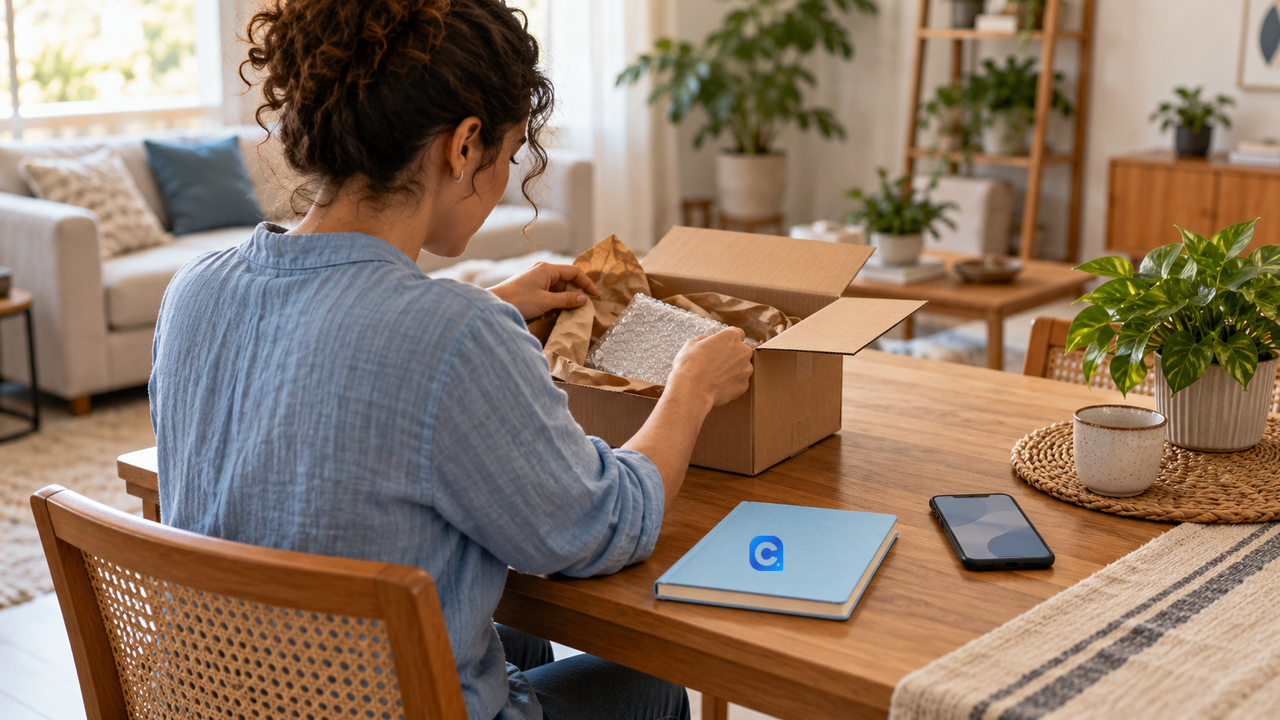Pessoa confere um pacote de compra internacional e o celular em casa, com símbolo Meu Consig discreto aplicado ao caderno azul.
