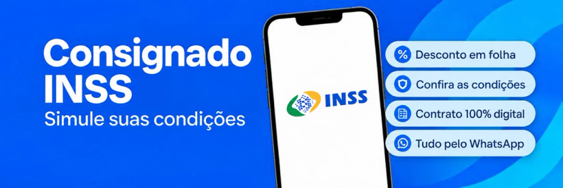 Card azul de simulação de consignado INSS, com celular e informações sobre desconto em folha e condições.
