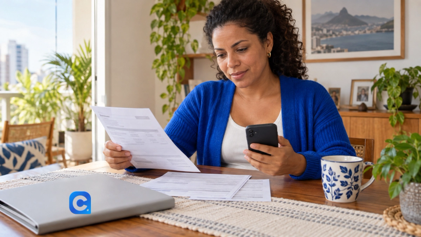 Trabalhadora compara contracheque com o extrato do FGTS no celular