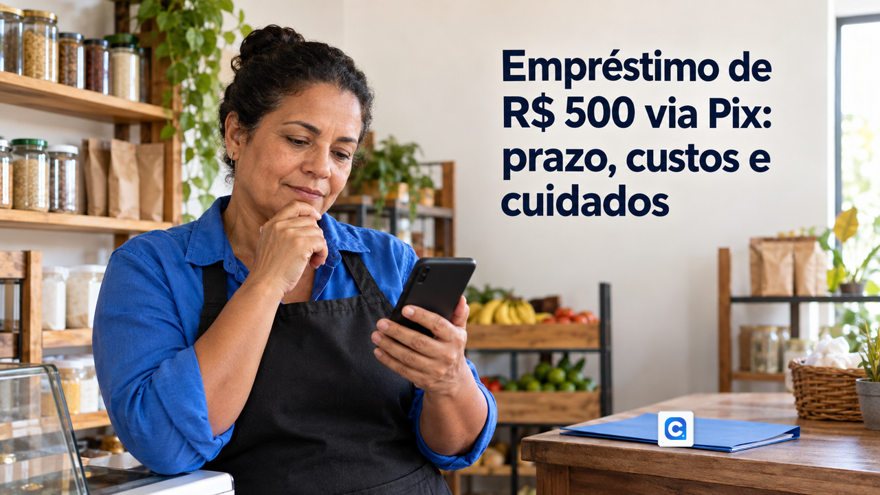 Comerciante analisa o celular na loja; o simbolo do Meu Consig aparece numa pasta.