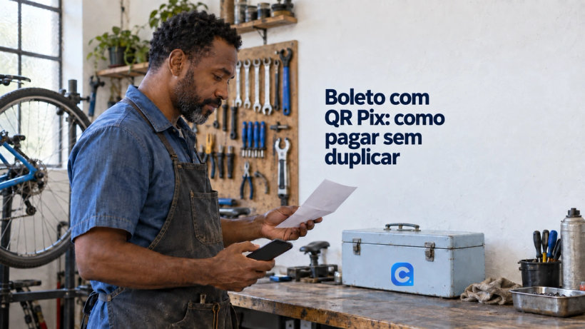 Dono de oficina de bicicletas confere papel e celular ao lado de uma caixa de ferramentas clara com o símbolo Meu Consig.