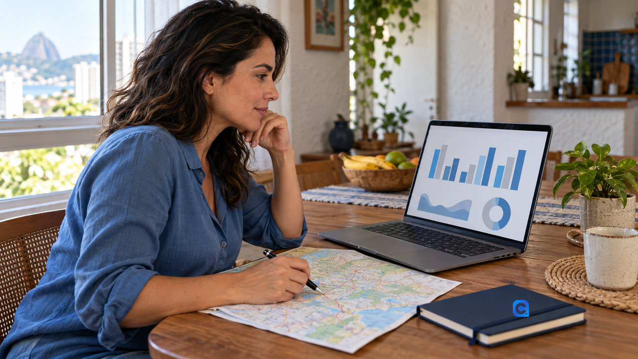 Mulher consulta gráficos esquemáticos no laptop e marca uma região em um mapa aberto à mesa.