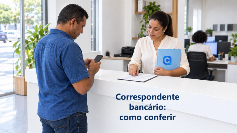 Cliente consulta o próprio celular enquanto uma atendente indica uma proposta no balcão e segura pasta azul com o símbolo oficial do Meu Consig.