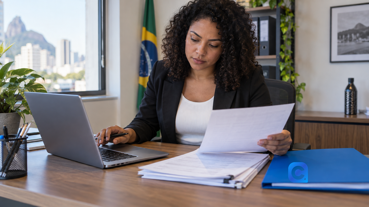 Profissional confere guia de recolhimento FGTS Digital em escritório com pasta azul