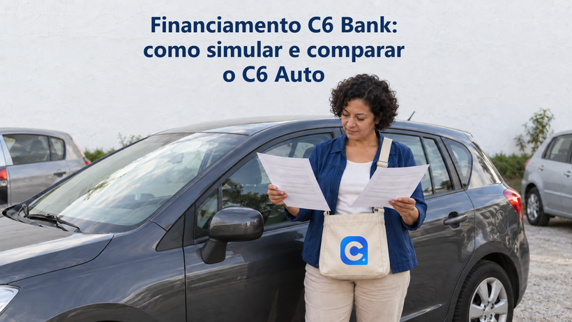 Compradora compara duas propostas ao lado de um carro, com o símbolo oficial do Meu Consig aplicado na sua bolsa de documentos.