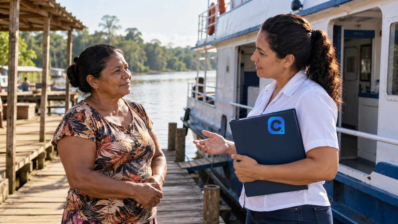 Duas mulheres conversam em um píer junto a uma embarcação fluvial; uma delas segura uma pasta azul com o símbolo Meu Consig.