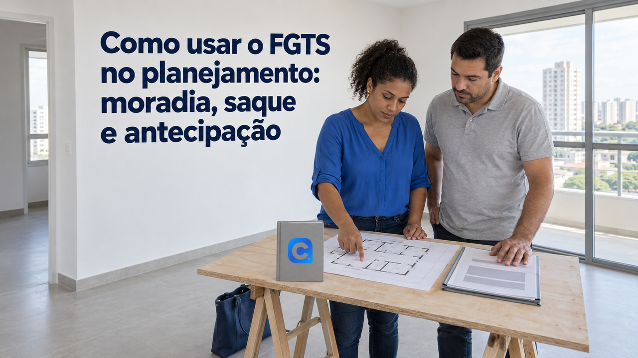 Casal avalia planta de moradia e documento genérico em apartamento vazio, com mulher de blusa azul e símbolo Meu Consig no caderno cinza.