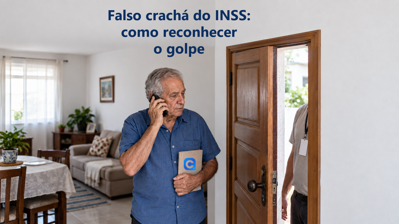 Homem idoso fala ao telefone dentro de casa e segura caderno com o símbolo oficial do Meu Consig; além da porta aparece parcialmente um visitante com cordão e crachá sem identificação.