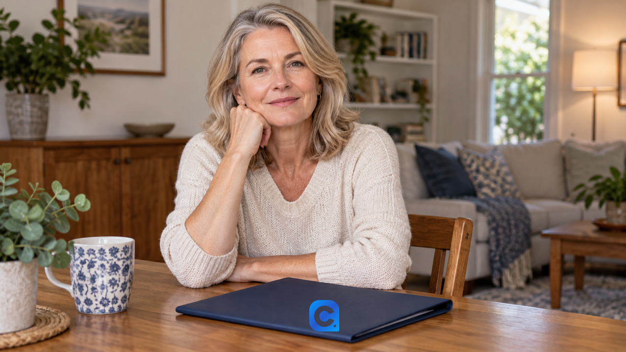 Mulher adulta conversa em casa ao lado de uma pasta azul sobre a mesa, em cena editorial sobre prova de vida.