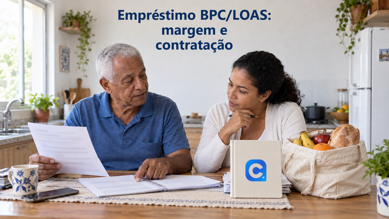 Pessoa idosa e familiar conferem proposta e despesas na cozinha, ao lado de compras de alimentação e de um caderno com o símbolo oficial do Meu Consig.