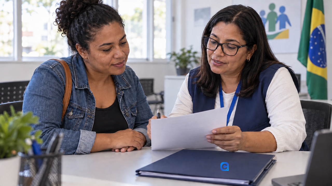 Duas mulheres adultas, uma responsável familiar e uma profissional de atendimento, conversam diante de uma pasta azul em um posto de orientação social; sem crianças ou elementos comerciais.