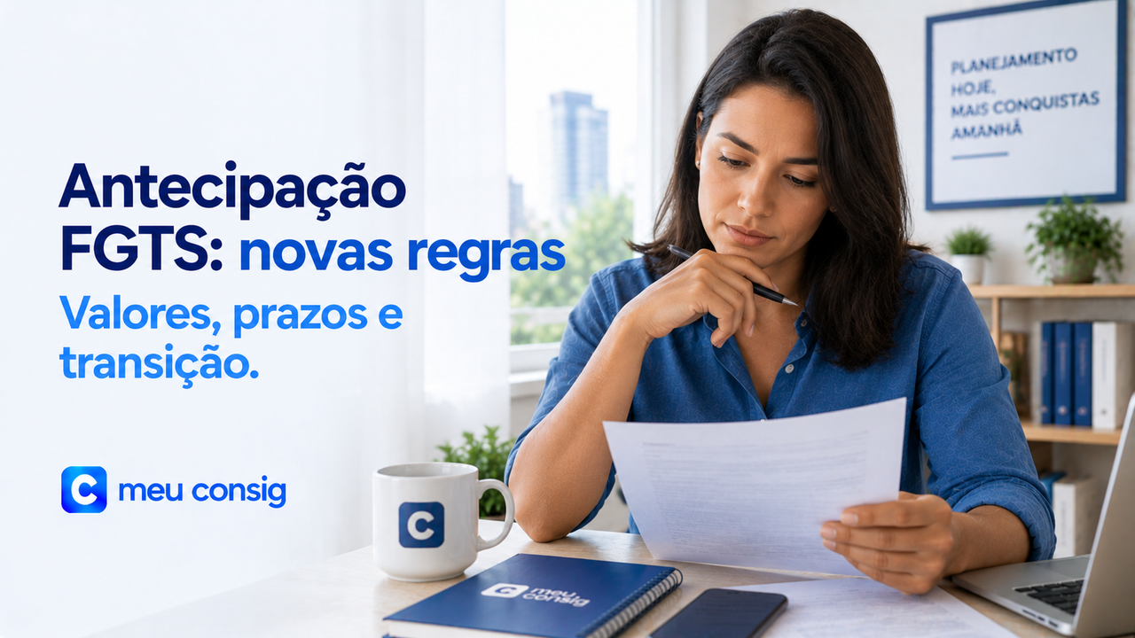 Antecipação FGTS: novas regras, valores, prazos e transição. Mulher analisa documentos ao lado de um notebook.