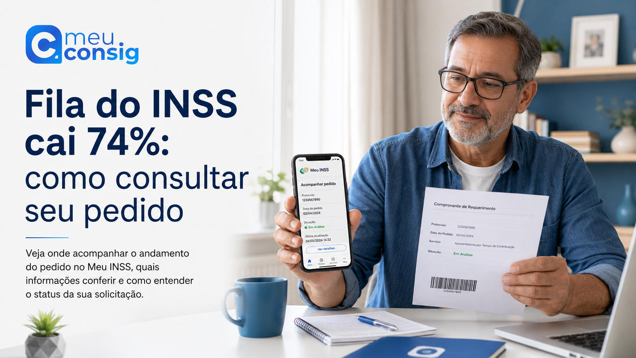 Pessoa consultando no Meu INSS o andamento de um pedido que ainda está em análise