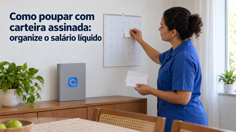 Trabalhadora de uniforme azul organiza notas e envelopes em calendário doméstico, com símbolo Meu Consig na pasta cinza.