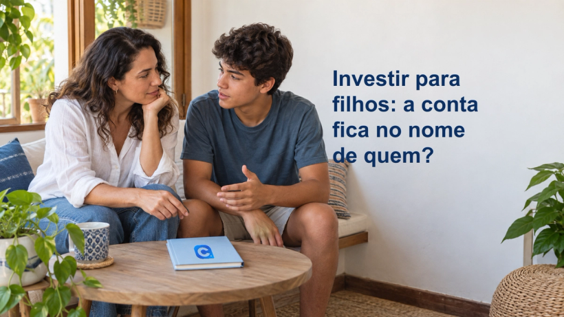 Mae e adolescente conversam em varanda clara, com caderno azul e simbolo Meu Consig sobre a mesa.