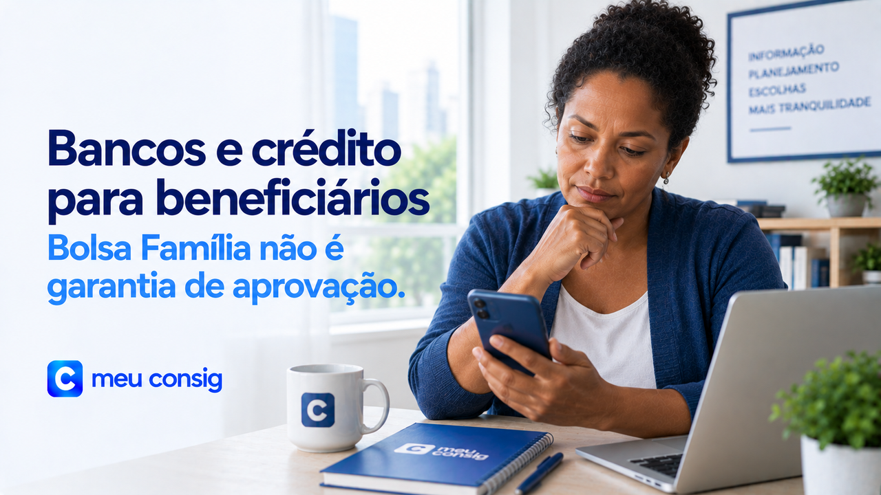 Bancos e crédito para beneficiários: Bolsa Família não é garantia de aprovação. Mulher consulta o celular ao lado de um notebook.