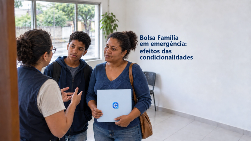Mãe e adolescente recebem orientação em espaço comunitário, com pasta azul e símbolo Meu Consig.