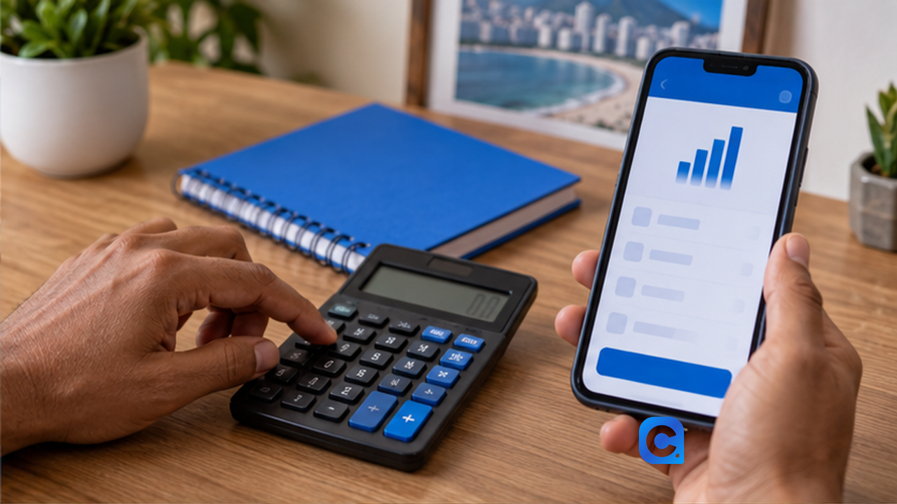 Trabalhador calcula porcentagem do saque-aniversário do FGTS com calculadora e caderno azul