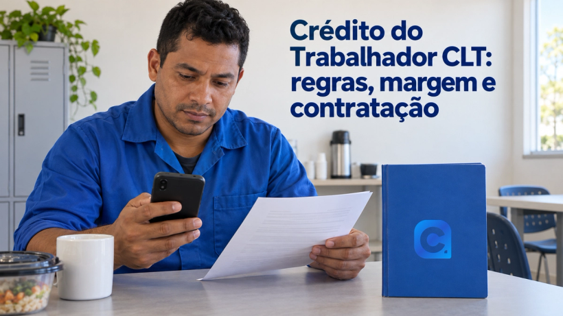 Trabalhador de camisa azul confere proposta e celular no intervalo do trabalho.