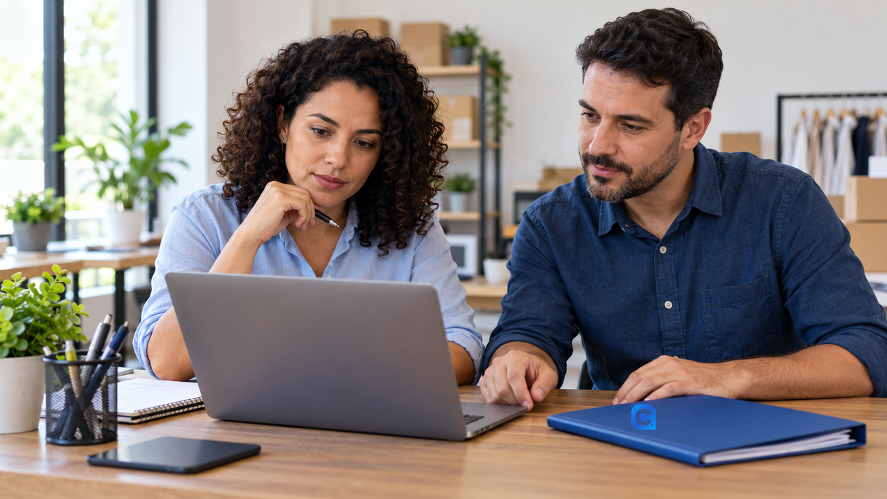 Duas pessoas responsáveis pelas finanças de uma pequena empresa conferem informações em um notebook ao lado de uma pasta azul.