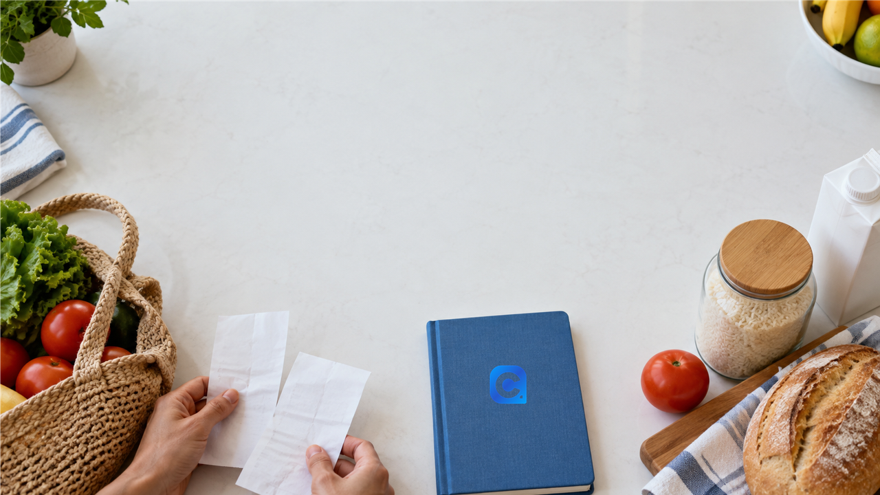 Comprovantes de compras, alimentos e caderno azul com o símbolo original Meu Consig sobre bancada clara, em vista superior.