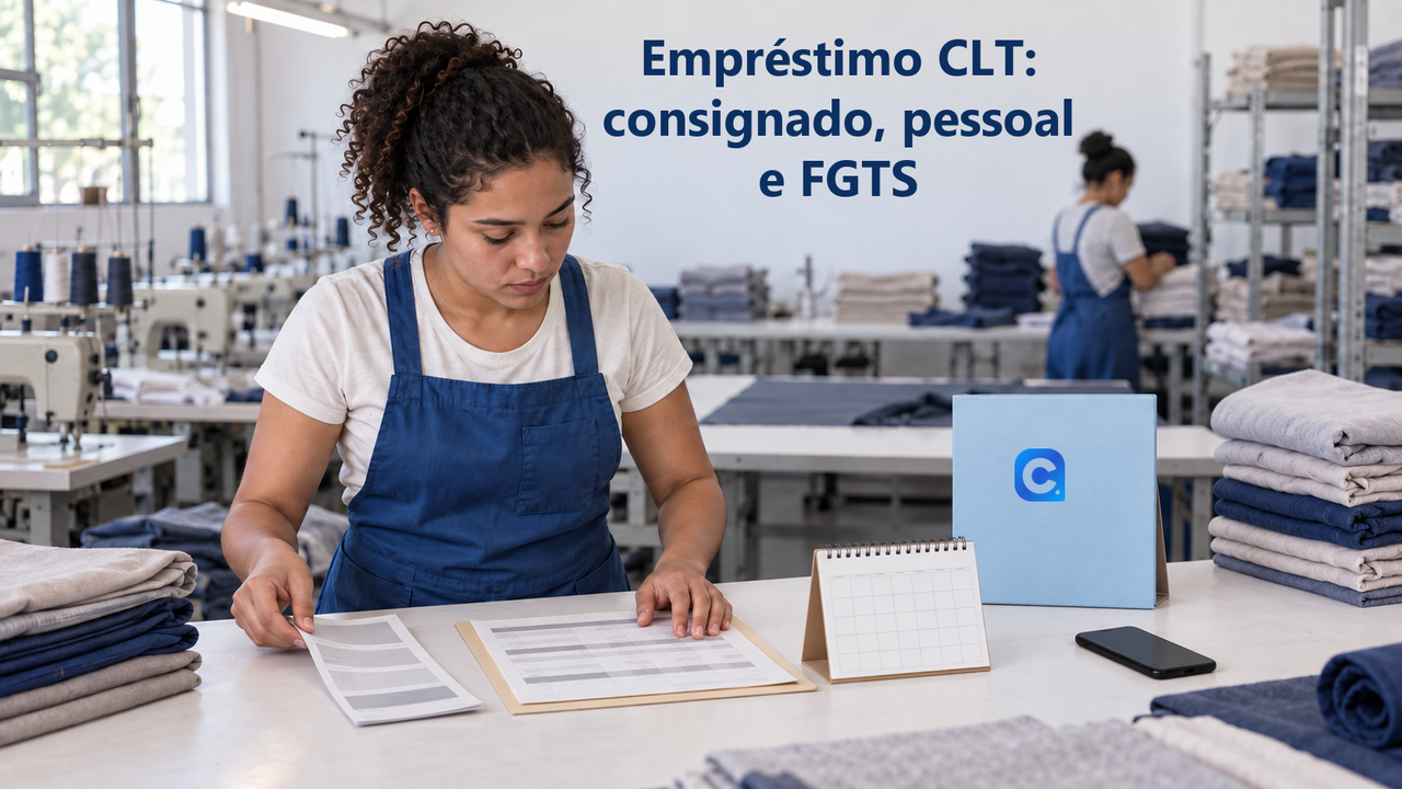 Trabalhadora de confecção com avental azul organiza dois registros e calendário durante uma pausa; uma pasta vertical apoiada na bancada traz o símbolo oficial do Meu Consig.