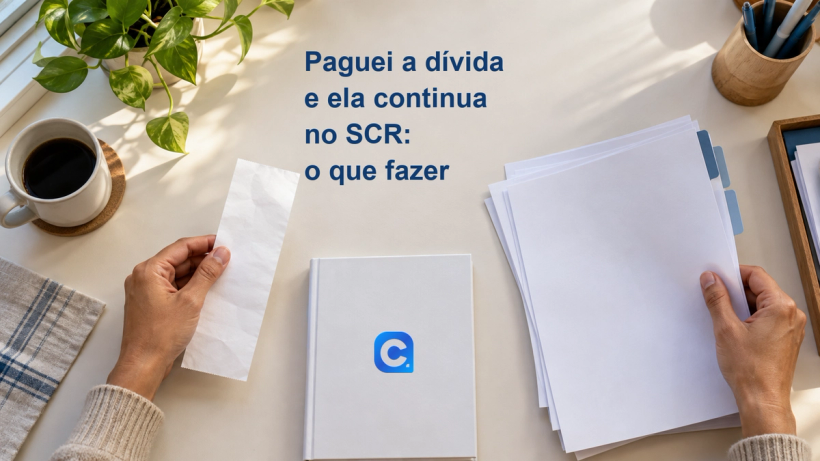 Mãos conferem comprovante e páginas de relatório, com símbolo oficial em caderno.